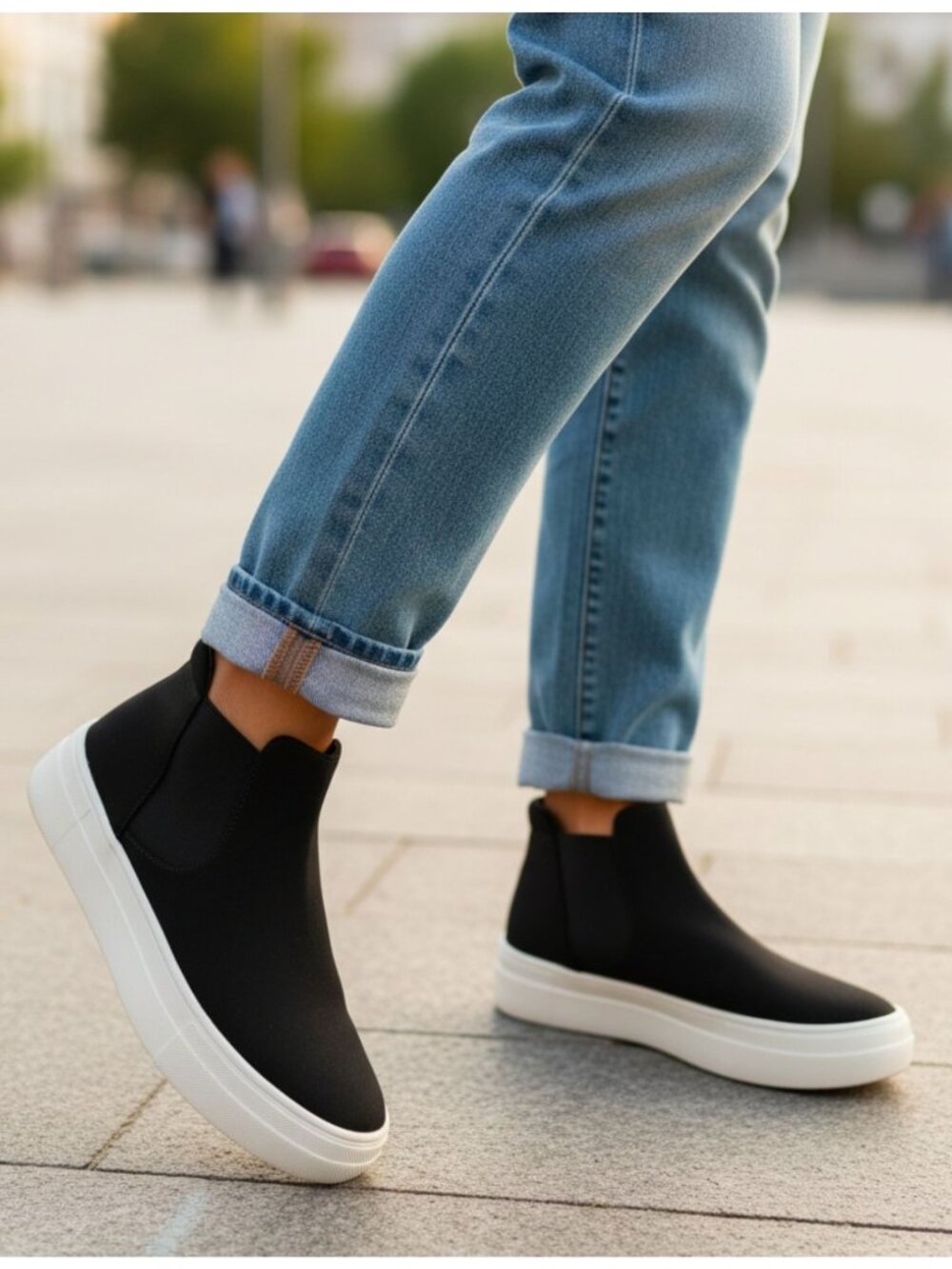 Black Chelsea Slip On Sneakers Platform Sole Minimalist Ankle Boots